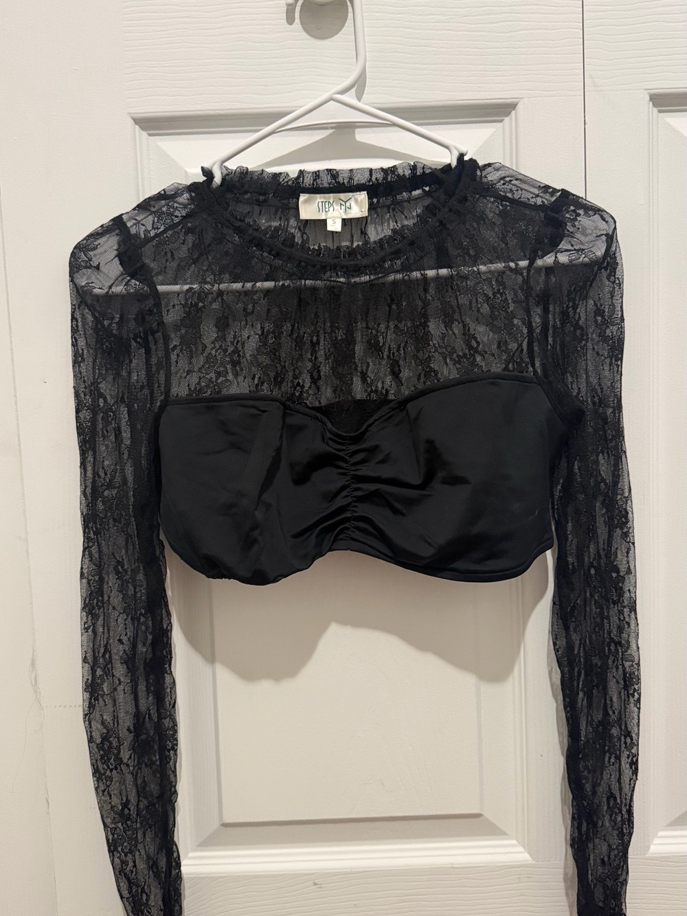 Sheer Black Lace Long-Sleeve Crop Top with Bandeau